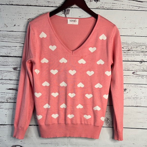 Bayou Sweaters - Lovely Pink Heart V-Neck Sweater